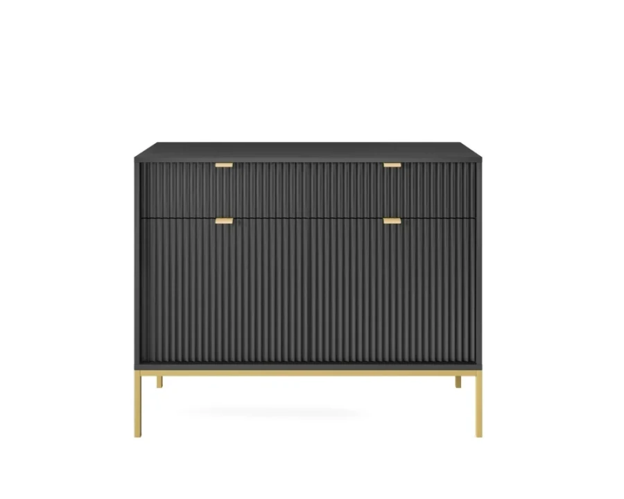 Elegantes Sideboard in Schwarz mit Rillenfront und goldenen Beinen
