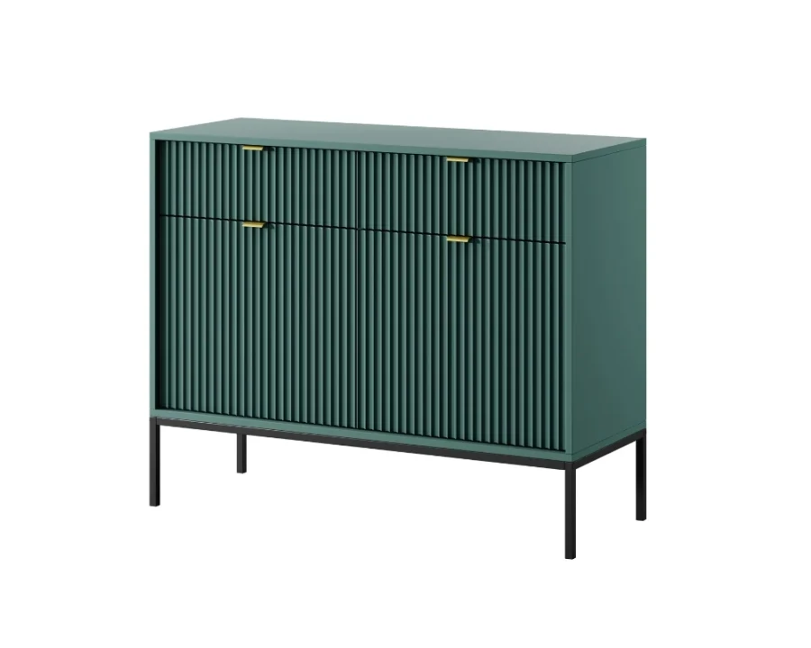Moderne dunkelgrüne Kommode mit Lamellen-Design in schräger Perspektive.