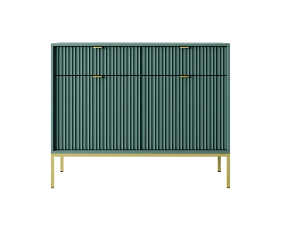 Grünes Sideboard mit vertikalen Rillen und eleganten goldenen Füßen.