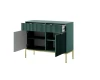 Grünes Sideboard mit geriffelter Front, offener Tür und Schublade sowie goldenen Beinen.