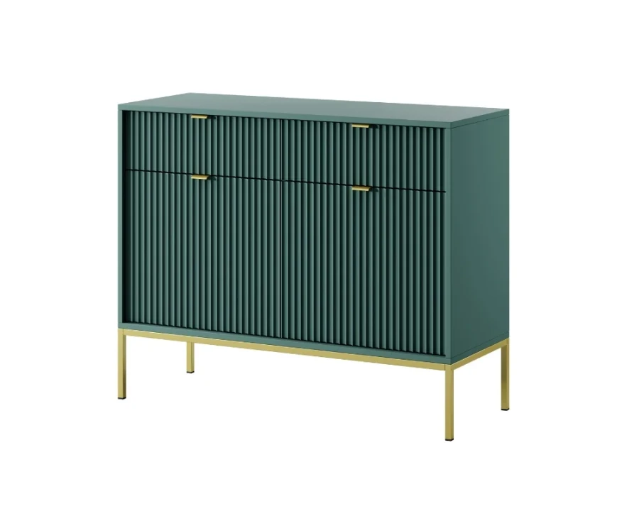 Modernes grünes Sideboard mit vertikal geriffelter Front und eleganten goldenen Füßen.