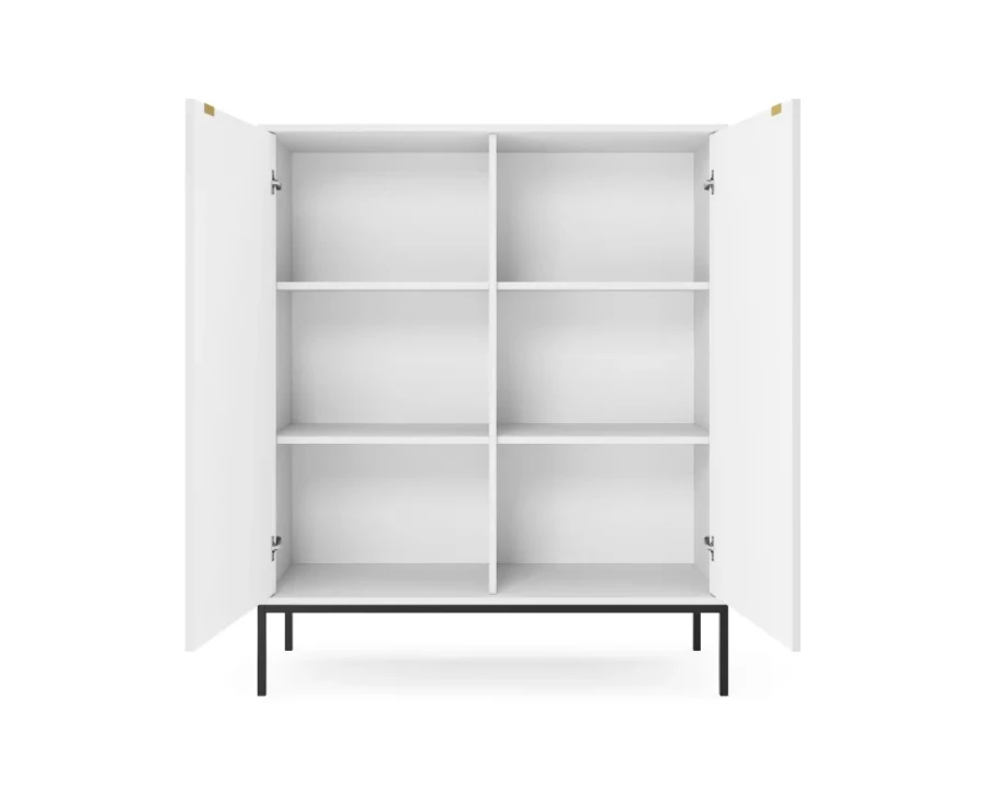 Geöffnetes Highboard in Weiß mit sechs Regalfächern und Stauraum.