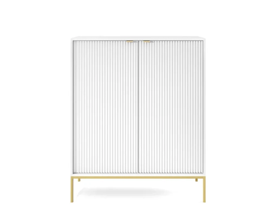 Elegantes Highboard in Weiß mit vertikaler Riffelung und goldenen Metallfüßen.