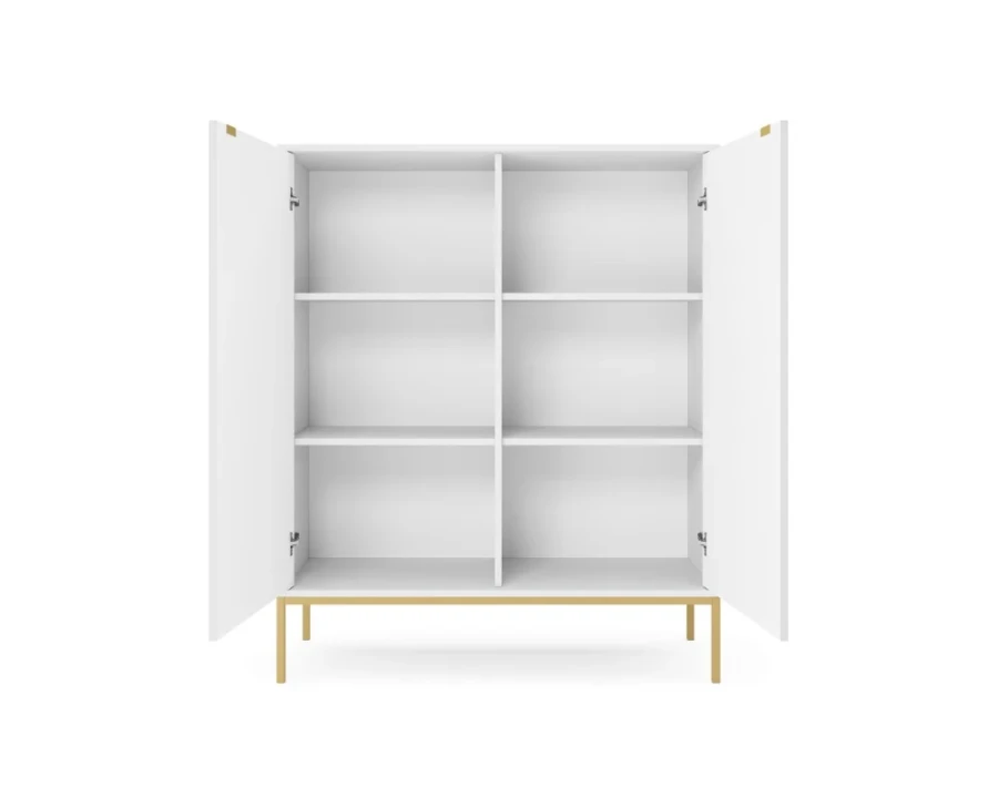 Offenes weißes Highboard mit Rillen-Design zeigt sechs praktische Staufächer.
