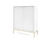 Weiße Kommode mit geriffelter Front und eleganten goldenen Beinen auf weißem Grund.