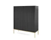 Schwarzer Highboard-Schrank mit vertikalen Rillen und goldenen Metallbeinen vor weißem Hintergrund.