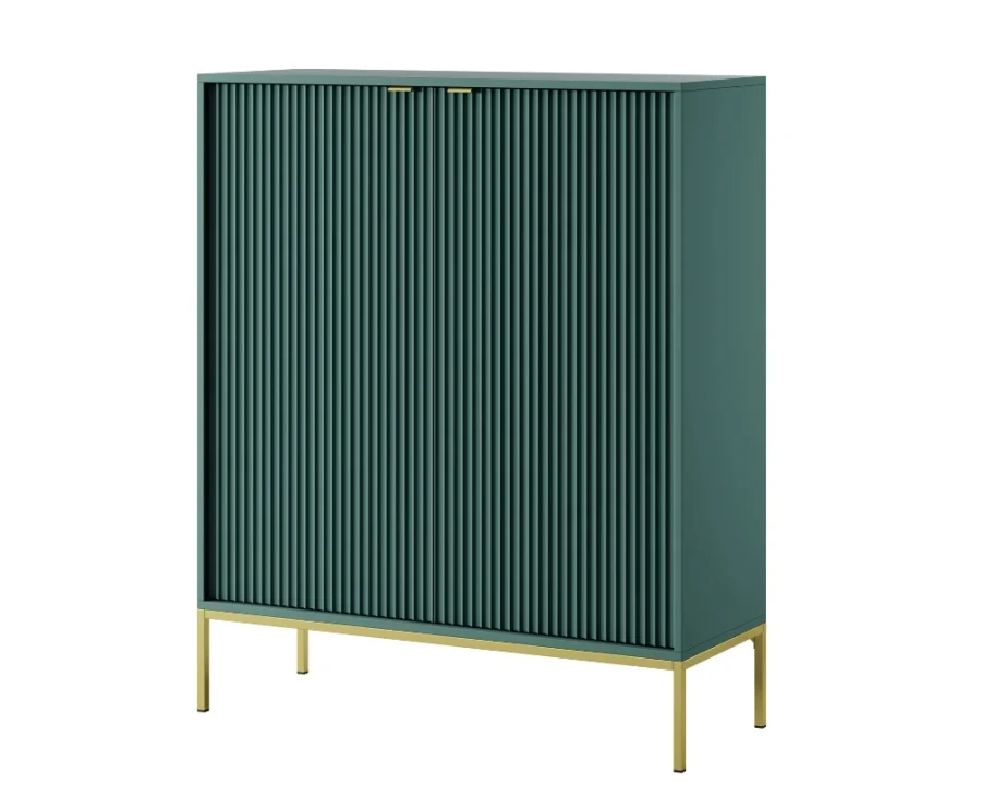 Moderner grüner Schrank mit Lamellenfront und eleganten Goldbeinen.