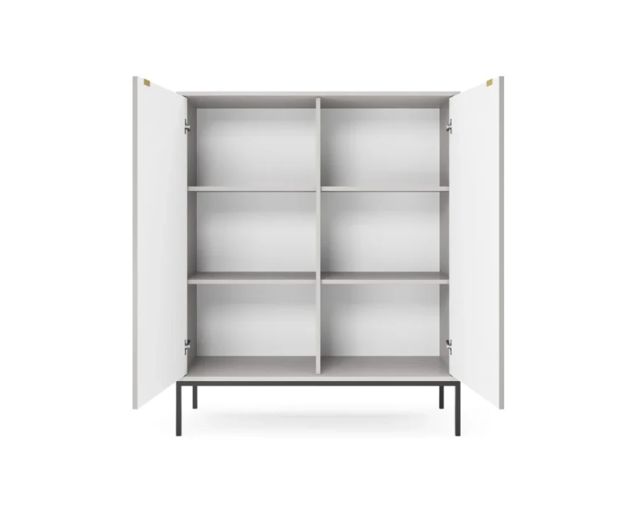 Offenes Highboard in Hellgrau mit sechs praktischen Ablagefächern und schwarzen Beinen.