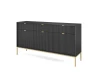 Perspektivische Ansicht eines schwarzen Sideboards mit goldfarbenem Gestell und geriffelten Türen.