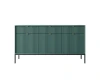 Grünes Sideboard mit vertikalen Lamellen und schwarzen Metallfüßen, Frontansicht.