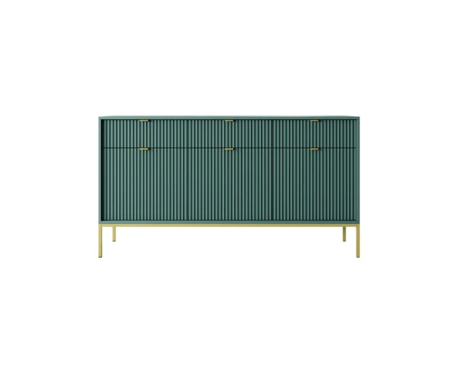 Sideboard in Petrol mit Riffelfront und goldenen Metallbeinen, Frontansicht.