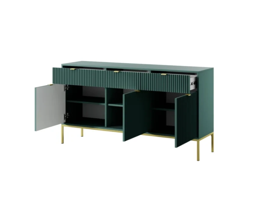 Geöffnetes petrolfarbenes Sideboard mit Stauraum, Schubladen und Einlegeböden.