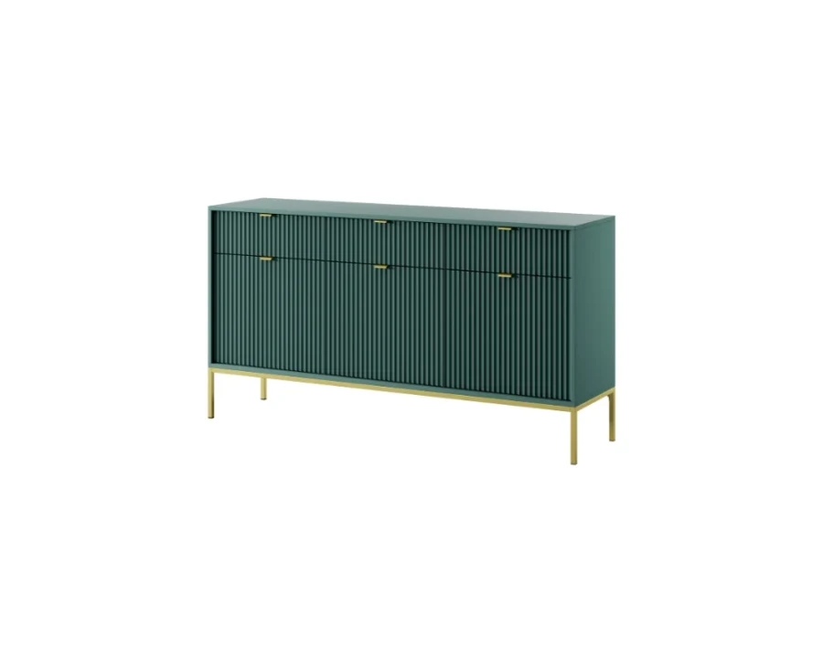 Perspektivische Ansicht eines petrolgrünen Sideboards mit strukturierter Riffelfront.