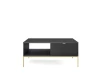 Schwarzer Couchtisch mit geriffelter Schublade und goldenem Metallgestell.
