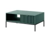 Moderner Couchtisch in Blaugrün mit geriffelter Front und schwarzen Metallbeinen.