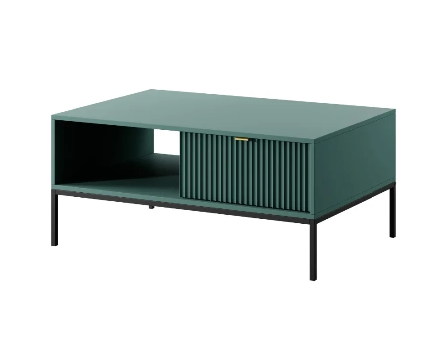 Moderner Couchtisch in Blaugrün mit geriffelter Front und schwarzen Metallbeinen.