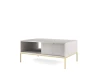 Moderner grauer Couchtisch mit Rillenstruktur und goldenem Untergestell.