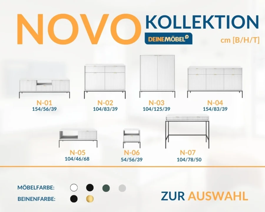 Übersicht der Novo Möbelkollektion mit verschiedenen Sideboards, Nachttischen und Maßen.