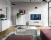 Modernes weißes Wohnzimmer-Set mit Rillendesign und goldenen Füßen, inklusive TV-Board und Couchtisch.