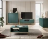 Stilvolles grünes Wohnzimmer-Set mit Rillen-Optik und edlen goldenen Füßen für TV und Couch.