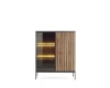 Modernes Highboard Sentio mit Glastür, LED-Beleuchtung und Holz-Lamellenfront in Eiche und Schwarz.