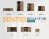 Übersicht der Sentio Möbelkollektion mit verschiedenen Sideboards und Vitrinen inkl. Maßen.