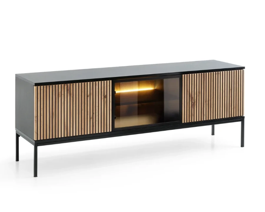 Modernes TV-Lowboard in Schwarz mit Eichenholz-Lamellen und LED-Glasfach