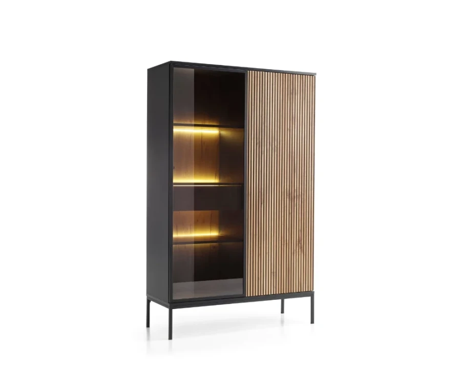 Moderner Design-Schrank in Schwarz und Eiche mit beleuchtetem Glasteil