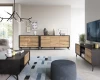 Stilvolles Wohnzimmer-Ambiente mit verschiedenen Sideboards und TV-Möbeln der Diamant Kollektion in Eiche.