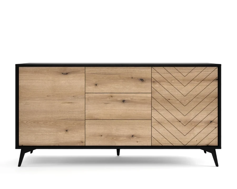 Breite Kommode in Eichenoptik mit 3 Schubladen, zwei Türen und markantem Fischgrät-Design-Element.