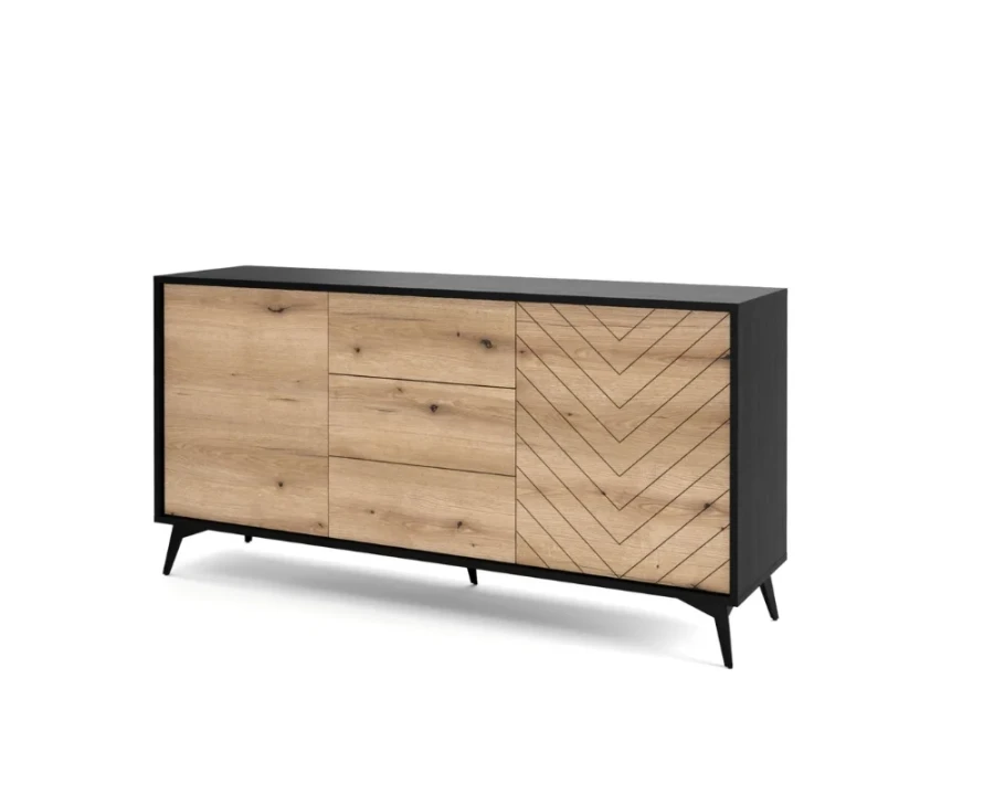 Modernes Sideboard in Eichenoptik und Schwarz mit dekorativem Chevron-Muster.