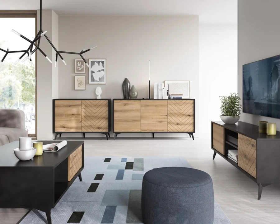 Modernes Wohnzimmer mit Sideboards und Couchtisch der Diamant Kollektion im Industrial Style.