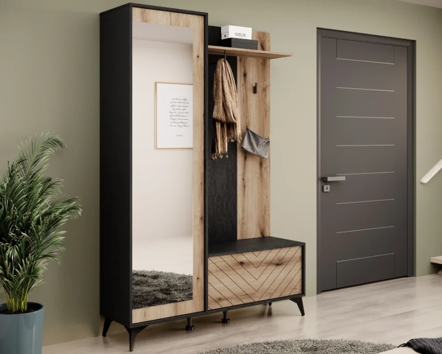 Moderne Flurgarderobe mit Spiegel und Paneel in Eiche-Dekor