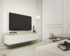Modernes Wohnzimmer mit weißem hängendem Lowboard und wandmontiertem Fernseher.