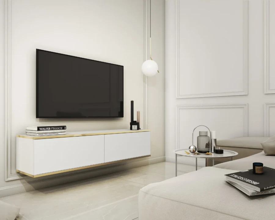 Modernes Wohnzimmer mit weißem hängendem Lowboard und wandmontiertem Fernseher.