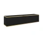 Schwarzes hängendes TV-Lowboard mit edlen Goldleisten, minimalistisch.
