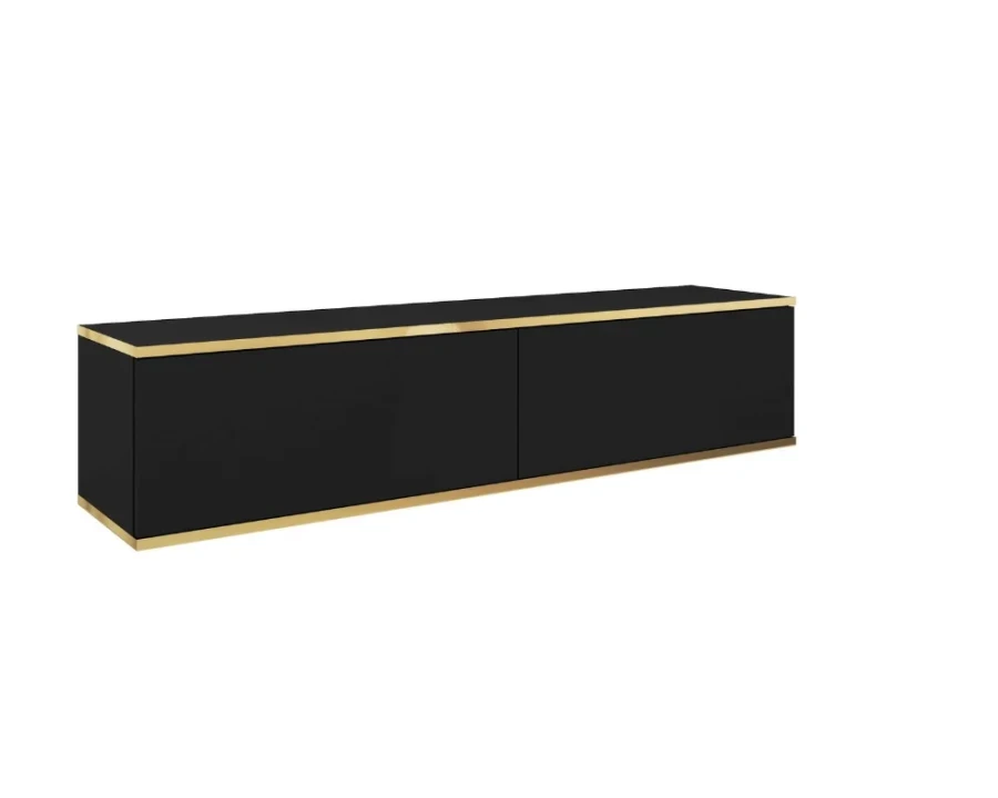 Schwarzes hängendes TV-Lowboard mit edlen Goldleisten, minimalistisch.