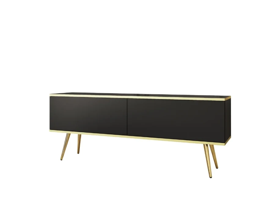 Schwarzes TV-Lowboard auf goldenen Beinen mit eleganten Goldakzenten.