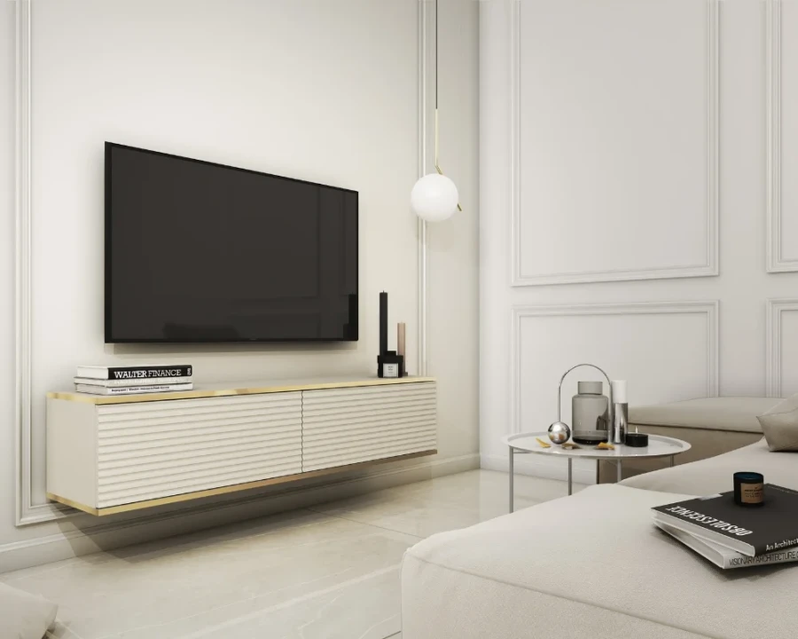 Modernes schwebendes TV-Board in Weiß mit Goldakzenten und Rillenstruktur im Wohnzimmer.