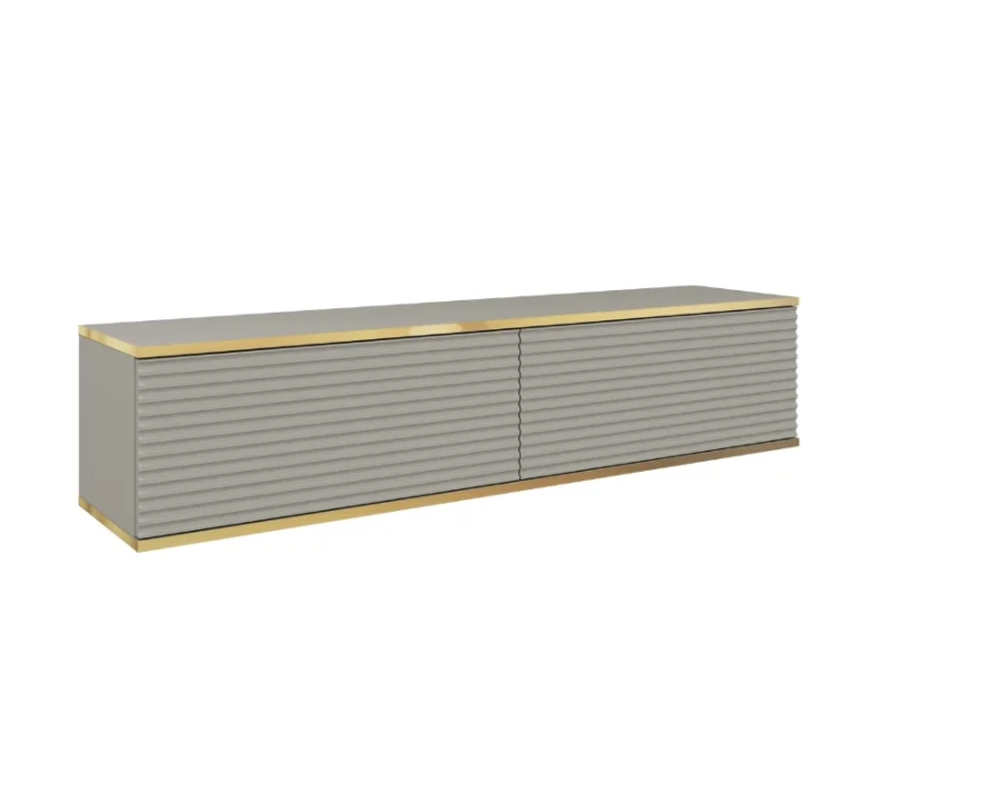 Graues hängendes Lowboard mit goldener Umrandung und gerippter Front, isoliert.