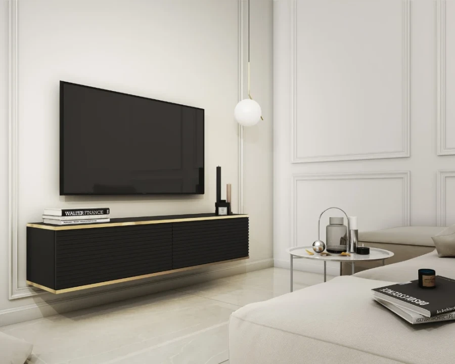 Stilvolles schwarzes Lowboard hängend mit Goldakzenten in luxuriösem Wohnzimmer-Ambiente.