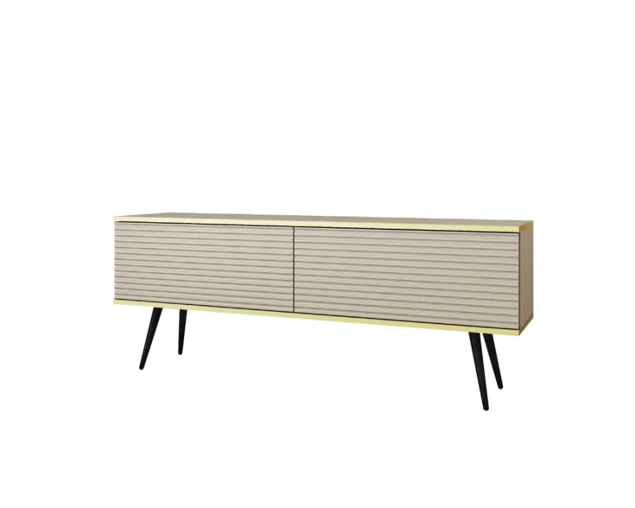 Beiges TV-Möbel mit geriffelter Front, schwarzen Beinen und Goldrand.