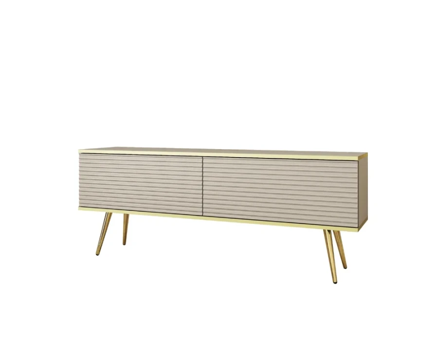 Modernes Lowboard in Beige mit Riffeloptik und goldenen Beinen auf weißem Hintergrund