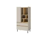 Modernes Highboard in Beige und Eiche, 2 Schubladen, offene Fächer, schwarze Beine.