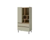 Schmaler Schrank in Salbeigrün und Holzoptik, vielseitige Aufteilung, moderne Metallfüße.