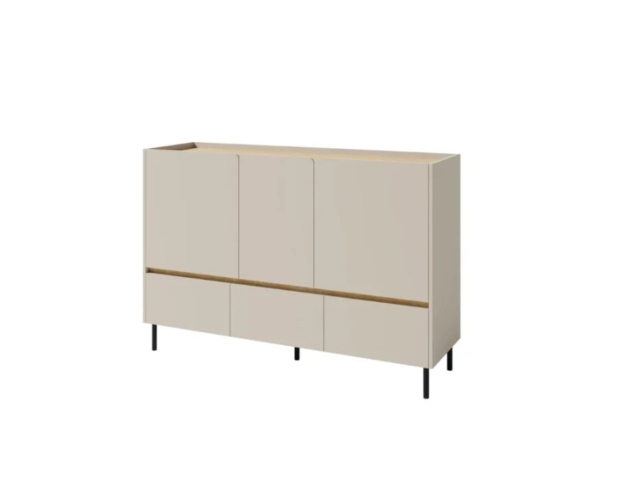Modernes beige Sideboard mit drei Türen und drei Schubladen auf schwarzen Metallfüßen.