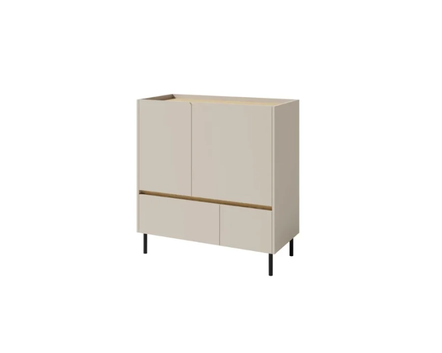 Modernes Highboard Libu in Sandbeige mit schwarzen Metallfüßen und Holzakzenten.