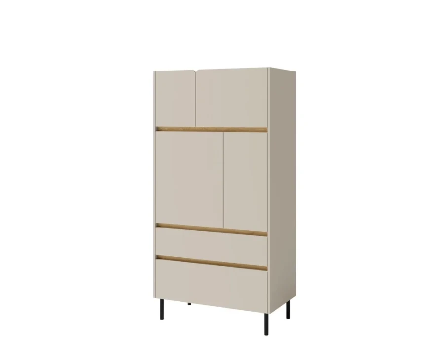 Elegantes Highboard in Beige mit Türen, Schubladen und schwarzen Füßen.
