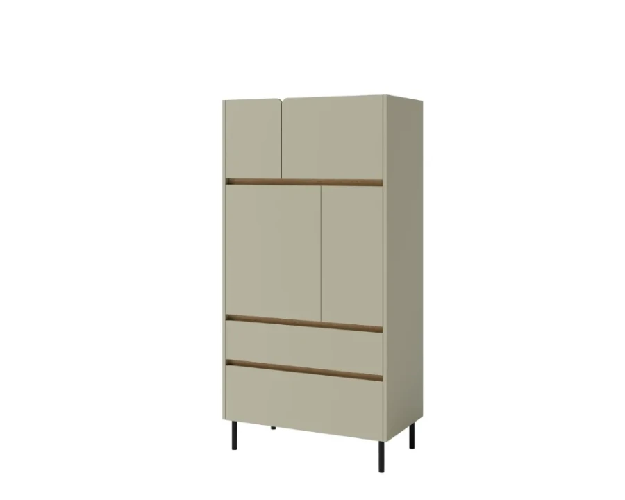Moderner Mehrzweckschrank in Beige mit Holz-Details und viel Stauraum.