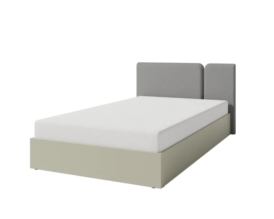 Modernes Bett mit beigem Rahmen und zweigeteiltem gepolsterten Kopfteil in Grau.